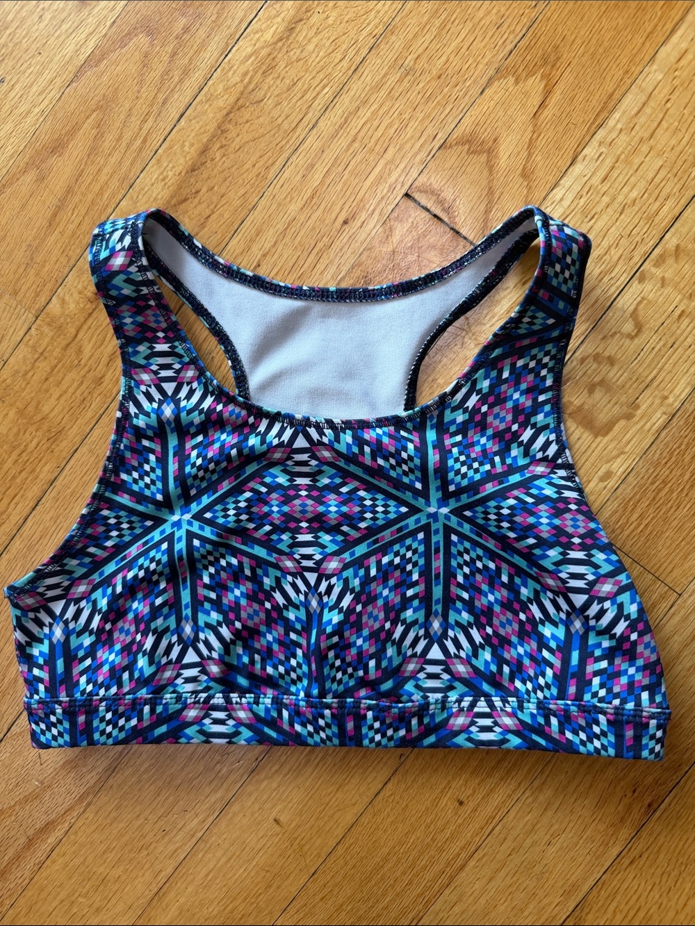 Girls' High-Neck Sports Bra in Blue Multi Geometric Print